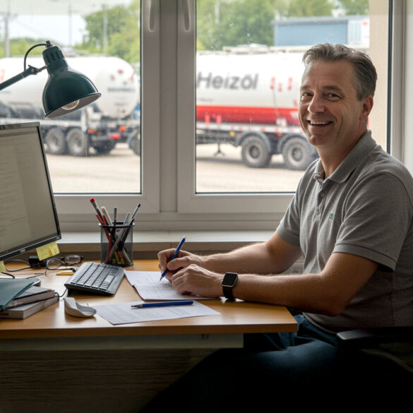 Mann sitzt lächelnd an einem Schreibtisch im Büro. Vor ihm Monitor und Lampe, im Hintergrund LKWs vor dem Fenster. {{brizy_dc_image_alt imageSrc=
